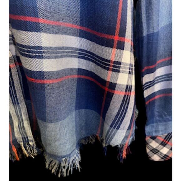 Dylan Plaid Button Front Blouse Fringe Hem Roll Up Sleeves Sz. L Packable - Picture 6 of 16